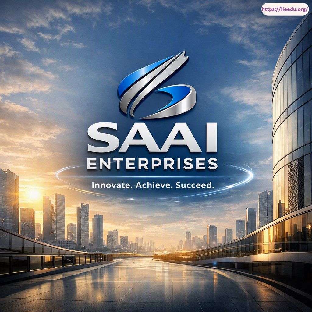 Corporate brand graphic for SAAI Enterprises displaying a 3D metallic blue and silver ribbon logo, bold company typography, and the tagline "Innovate. Achieve. Succeed." overlaid on a modern city skyline at sunrise.
