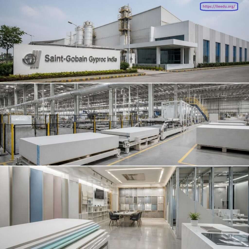 Three-panel collage showing Saint-Gobain Gyproc India featuring the exterior industrial manufacturing plant with entrance signage, an automated plasterboard production line with stacked gypsum boards, and a modern interior showroom displaying wall partition solutions.