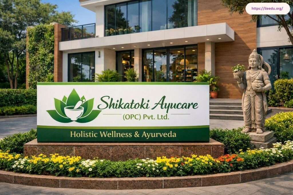 Exterior entrance of Shikatoki Ayucare (OPC) Pvt. Ltd. featuring a prominent green brand sign board reading "Holistic Wellness & Ayurveda," set before a modern facility with glass windows, a stone statue, and vibrant flowerbeds.