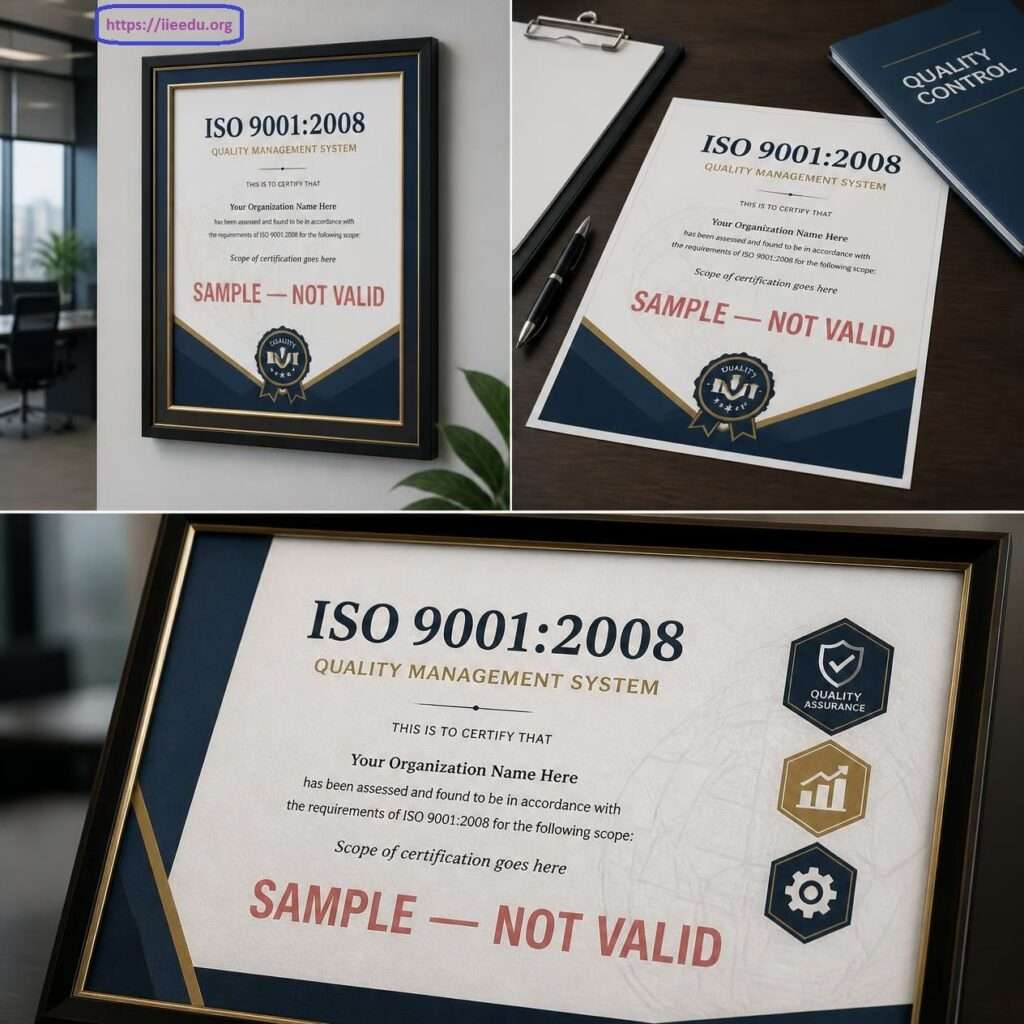 Three-panel collage displaying an ISO 9001:2008 Quality Management System sample certificate framed on a office wall, laid out on a clipboard with a pen and folder, and shown in a close-up framed perspective with quality assurance icons.