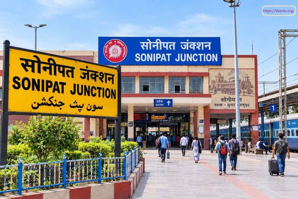 Exterior entrance view of Sonipat Junction railway station showing a bright yellow station signboard in the foreground, passengers walking along the open concourse with luggage, and the main station building displaying blue Indian Railways signage under a blue sky.