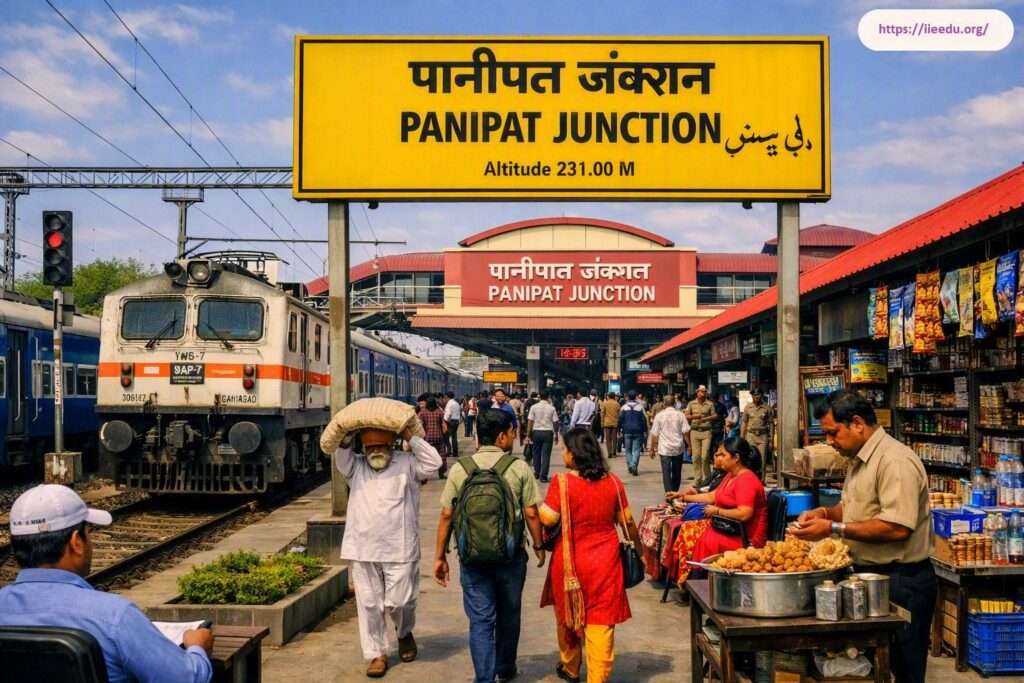Platform view at Panipat Junction railway station featuring a large yellow station signboard showing the station name and altitude, passengers walking along the platform, food vendors, a porter carrying luggage on his head, and a white electric locomotive parked on the adjacent track.