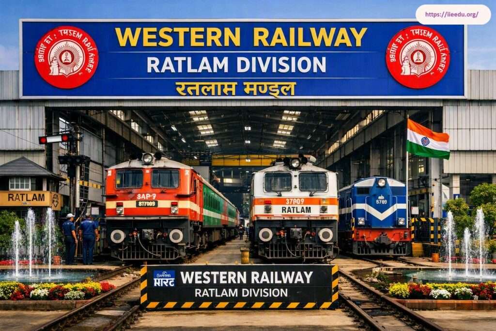 Industrial view of Western Railway Ratlam Division maintenance yard showing red, white, and blue locomotives parked on active tracks under prominent facility signage, with a floating Indian national flag and decorative water fountains in the foreground.